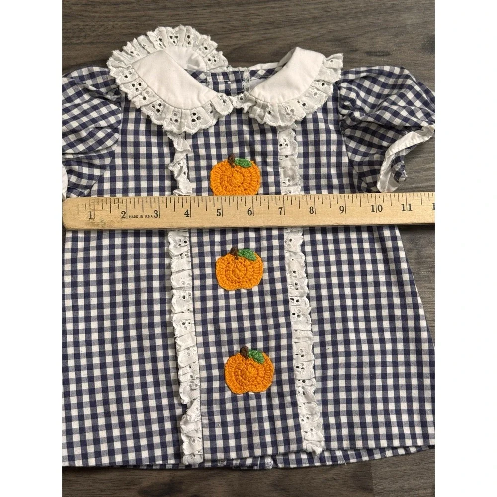 Baby Girl Pumpkin Bloomer Set 12M Navy Gingham Smocked Cottagecore Fall